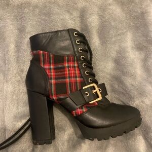 Shoe Dazzle Black Ankle Boots with Red Plaid Panels and Gold Buckle